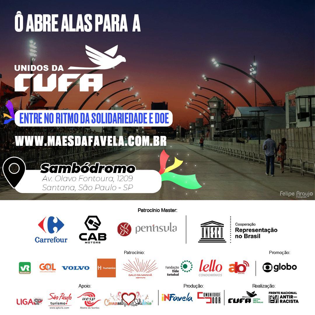 CUFA e Frente Nacional Antirracista lançam campanha de arrecadação de alimentos com escolas de samba e blocos afros